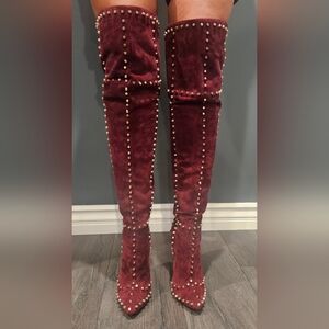Chic Studded Over-the-Knee Boots in Rich Burgundy